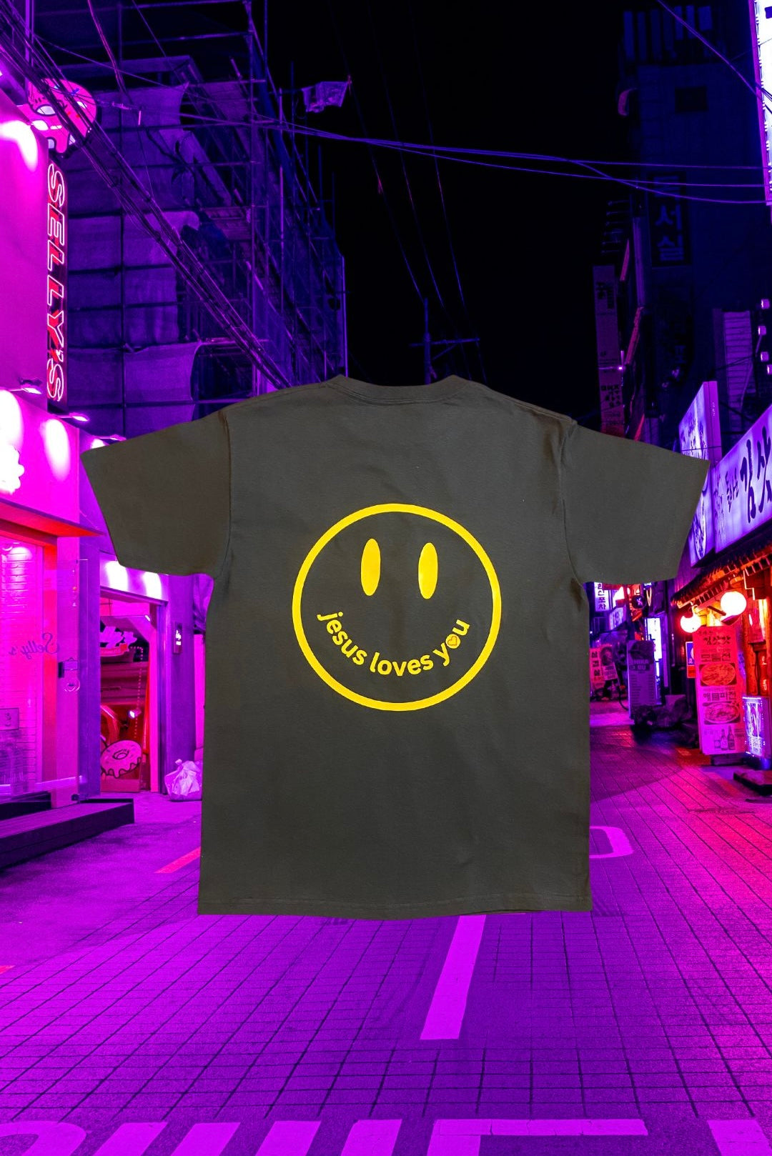 Soft Black cotton “SMILE. Jesus Loves You” w/8-bit heart